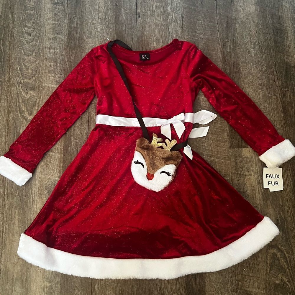 Lilt Faux Fur Girls Dress with Reindeer Purse- Size XL